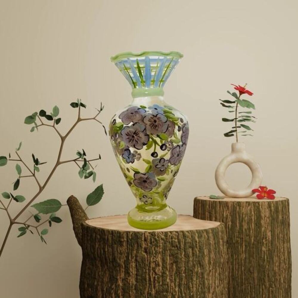 Vintage TRACY PORTER Hand-Painted Glass Bud Vase Purple Flowers Ruffled Rim 6.5”